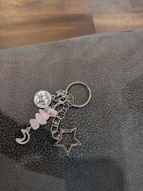 Taurus Silver Star & Moon Keychain with Pink Bead Accents